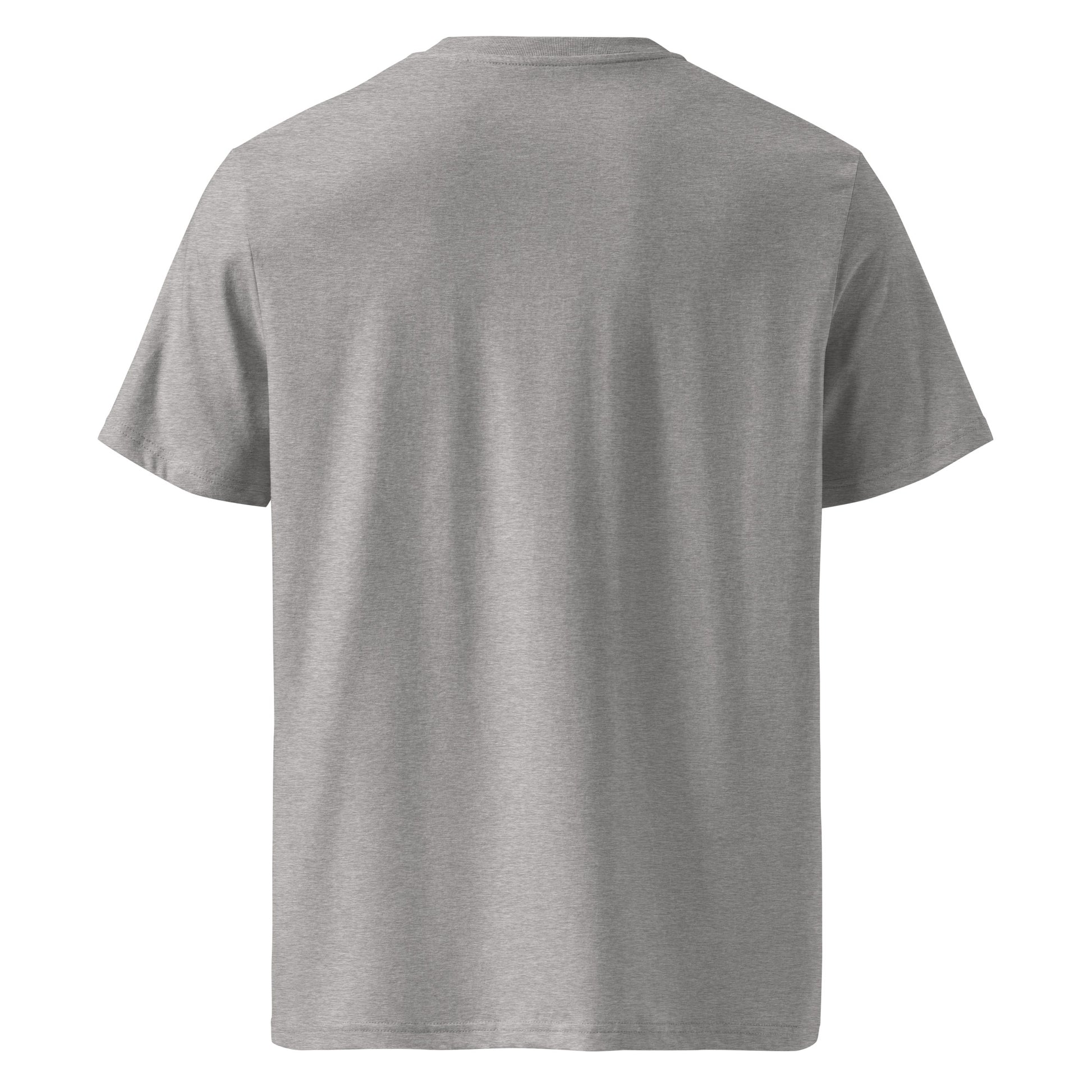 Back view of Moving Forward organic cotton T-shirt with cow illustration – unisex tee – color: heather grey