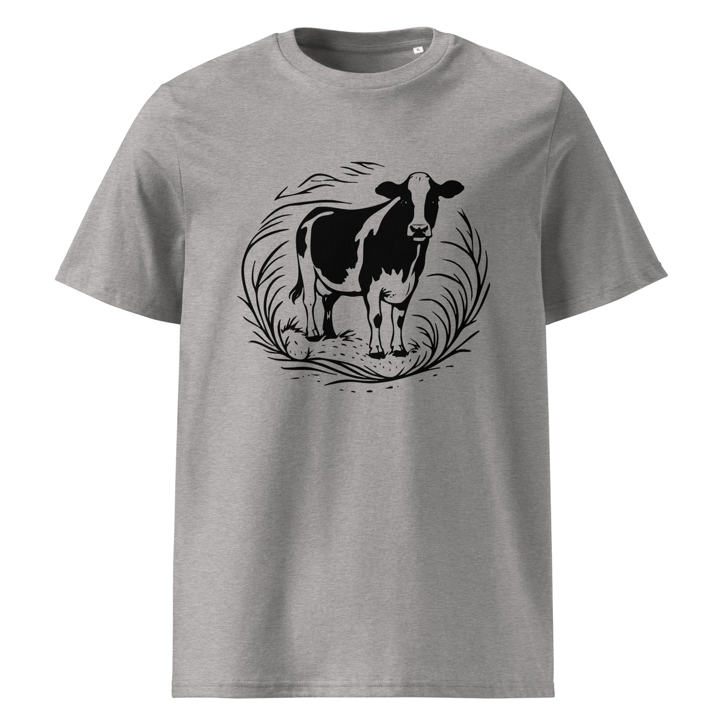 Front view of Moving Forward organic cotton T-shirt with cow illustration – unisex tee – color: heather grey