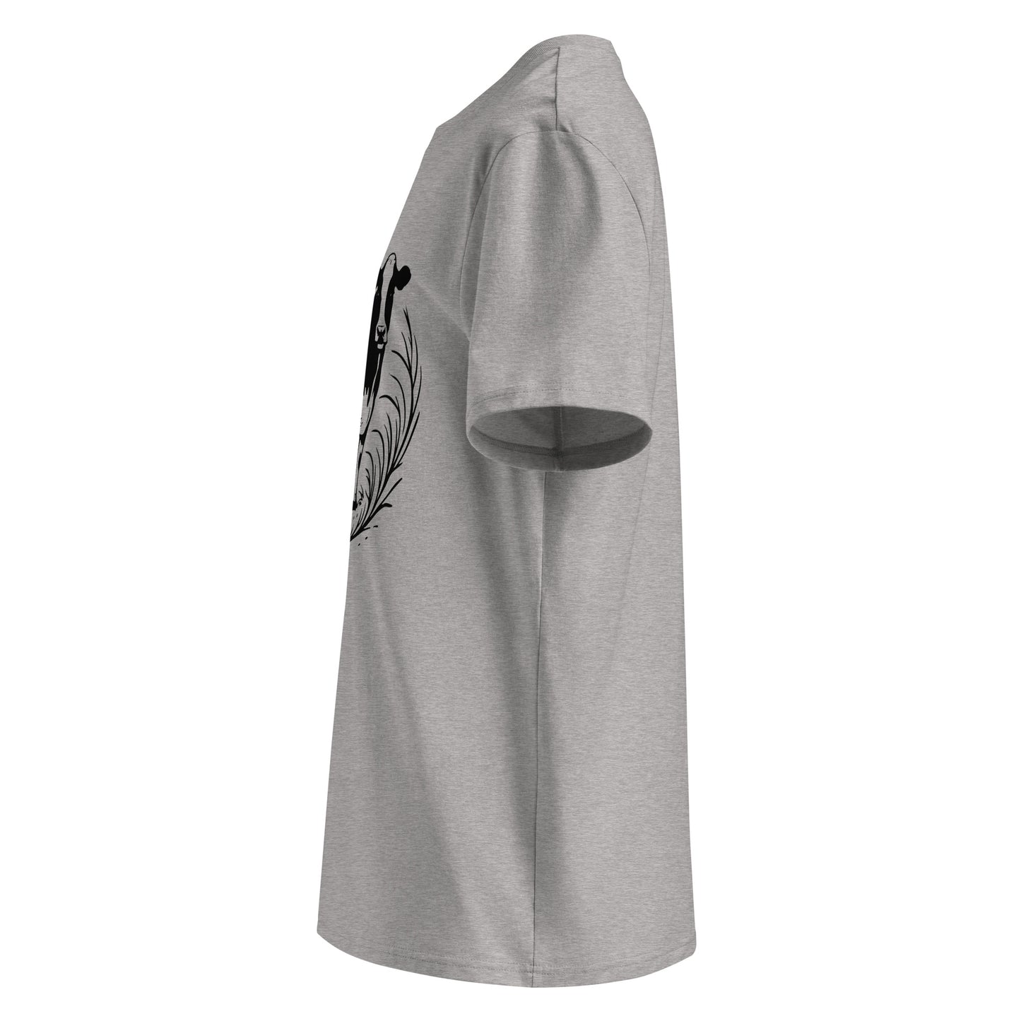Side view of Moving Forward organic cotton T-shirt with cow illustration – unisex tee – color: heather grey