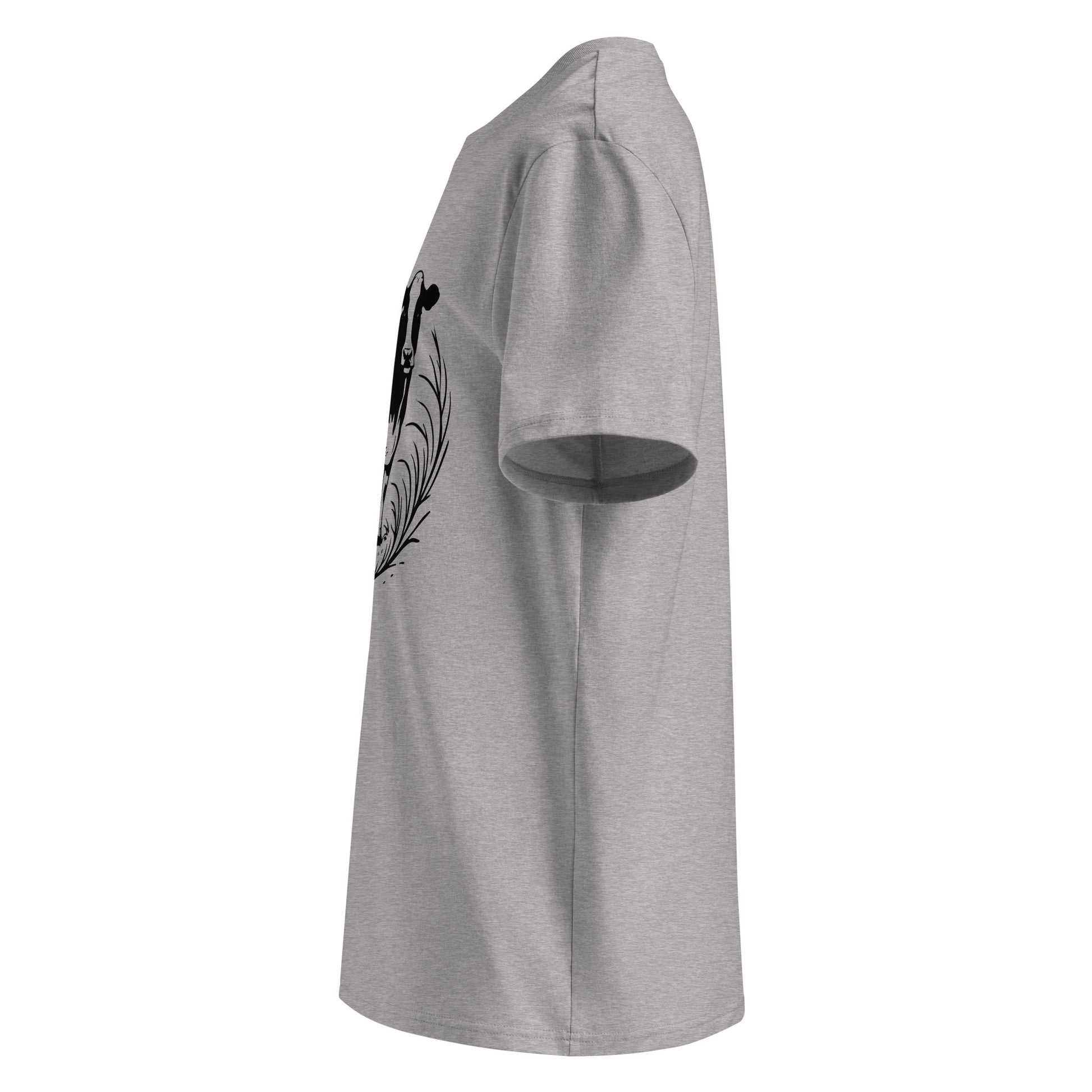 Side view of Moving Forward organic cotton T-shirt with cow illustration – unisex tee – color: heather grey