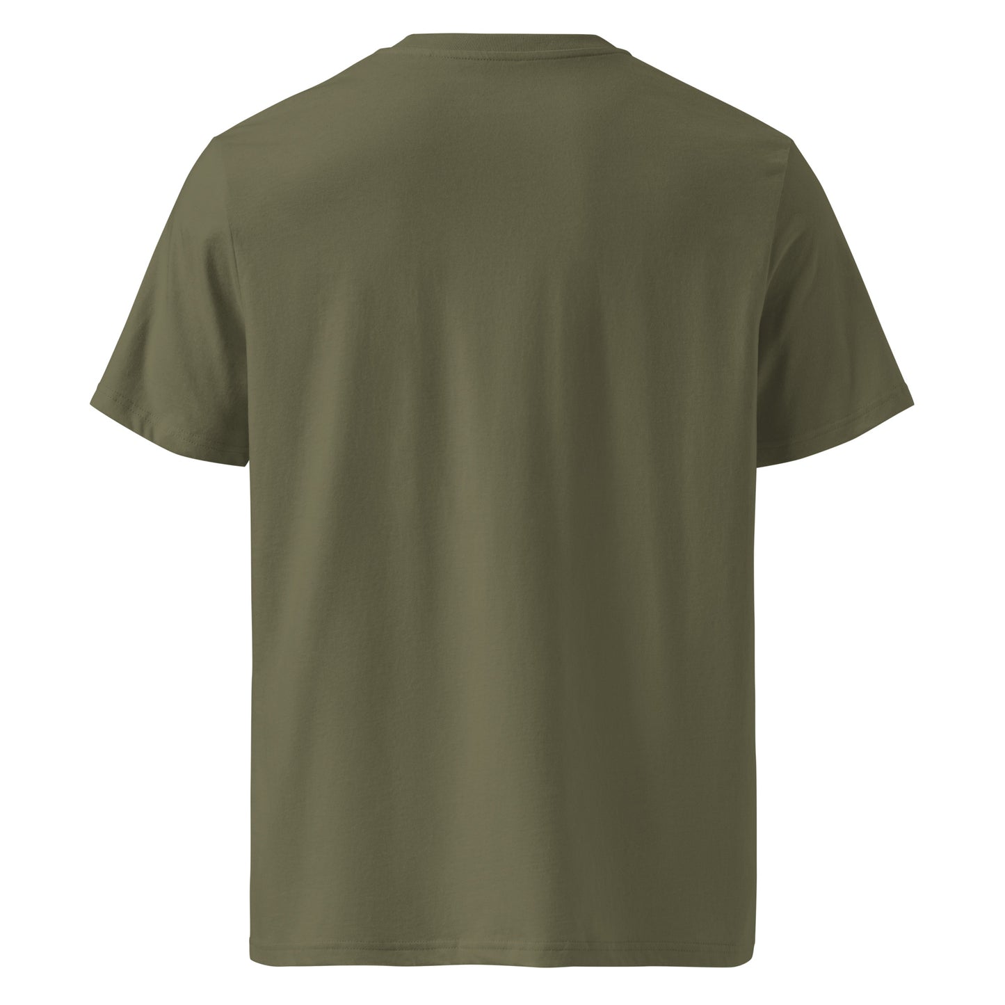 Back view of Moving Forward organic cotton T-shirt with cow illustration – unisex tee – color: khaki