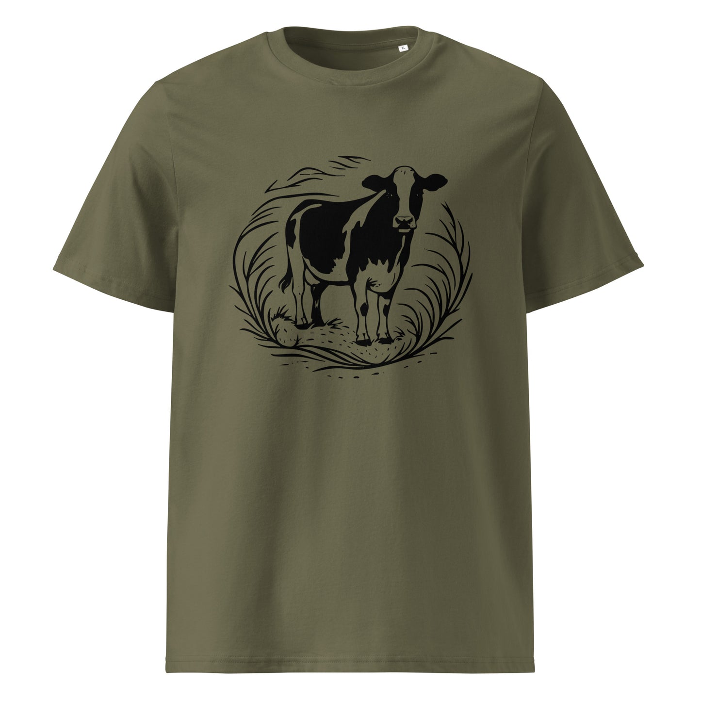 Front view of Moving Forward organic cotton T-shirt with cow illustration – unisex tee – color: khaki