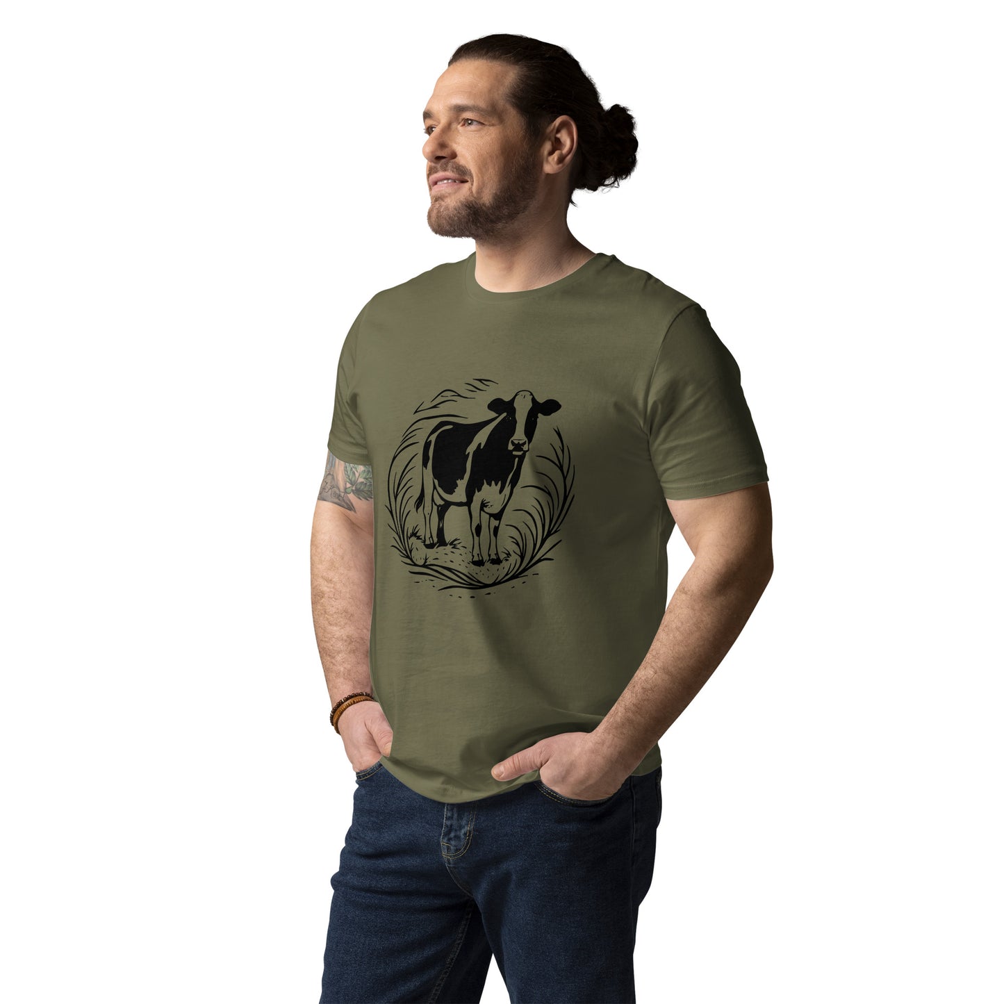 Lifestyle photo of Moving Forward organic cotton T-shirt with cow illustration – unisex tee – color: khaki