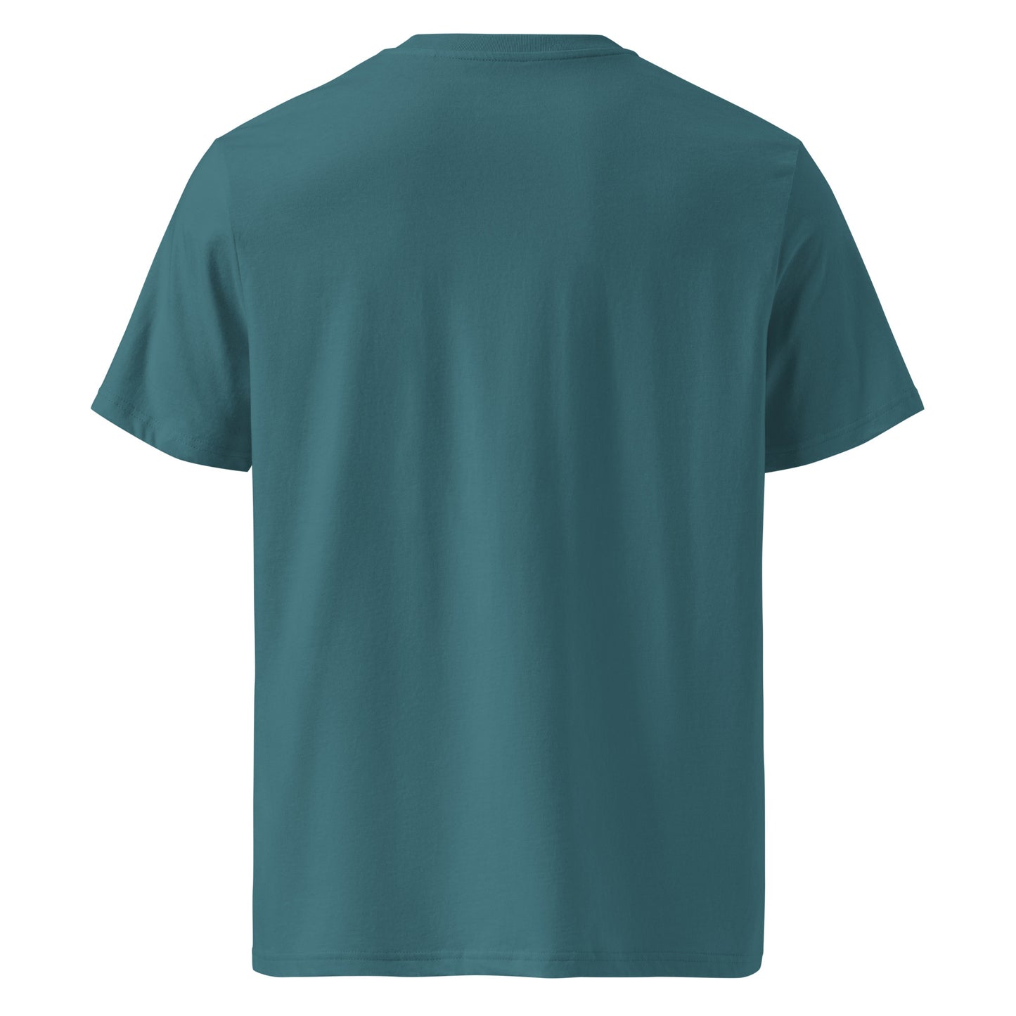 Back view of Moving Forward organic cotton T-shirt with cow illustration – unisex tee – color: stargazer