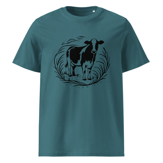 Front view of Moving Forward organic cotton T-shirt with cow illustration – unisex tee – color: stargazer