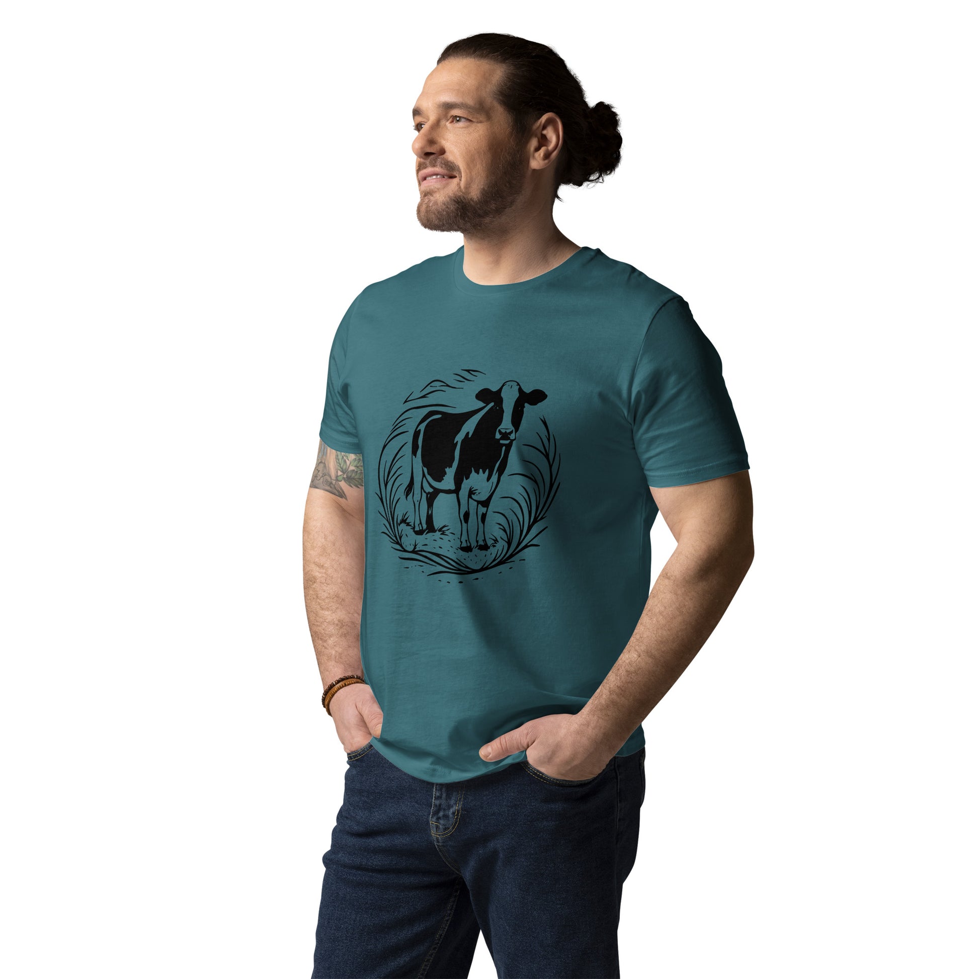 Lifestyle photo of Moving Forward organic cotton T-shirt with cow illustration – unisex tee – color: stargazer