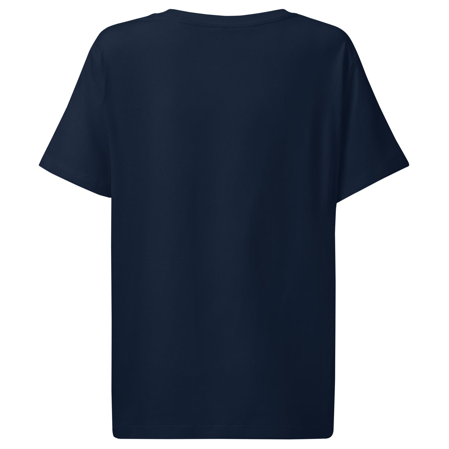 Back view of Organic green unisex T-shirt featuring an intricate white line art fern frond inspired by the woodlands of West Cork - color: french navy