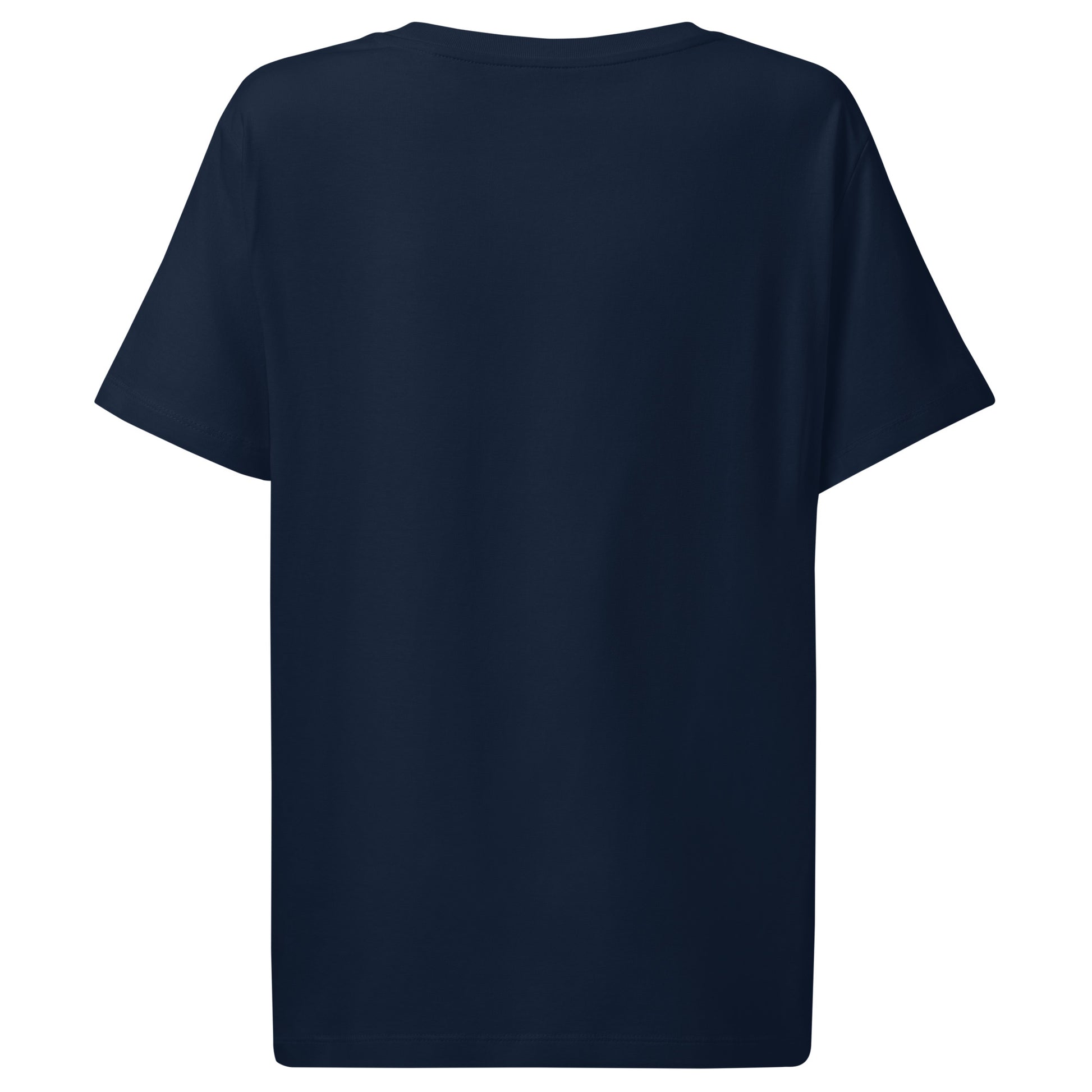 Back view of Organic green unisex T-shirt featuring an intricate white line art fern frond inspired by the woodlands of West Cork - color: french navy