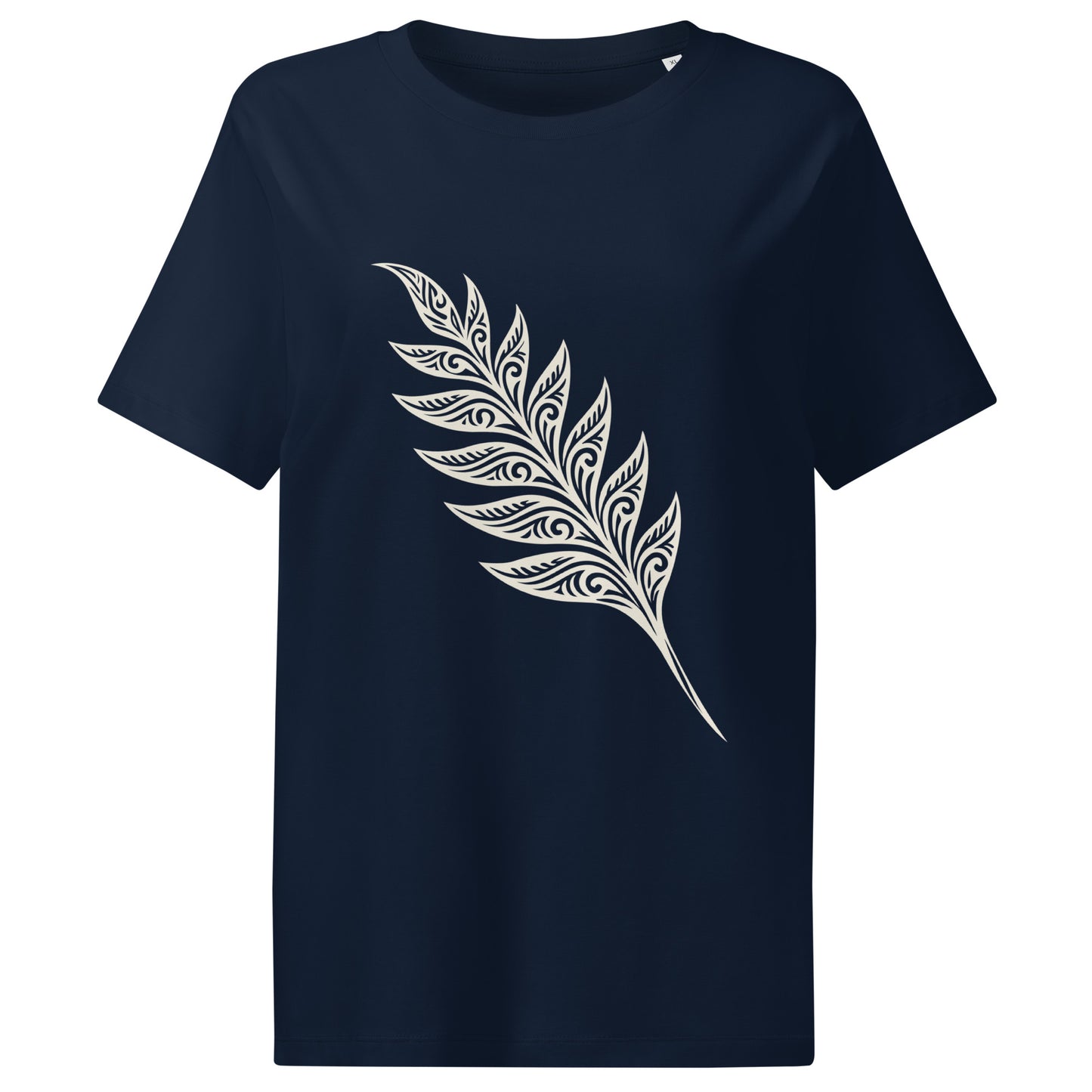 Front view of Organic green unisex T-shirt featuring an intricate white line art fern frond inspired by the woodlands of West Cork - color: french navy