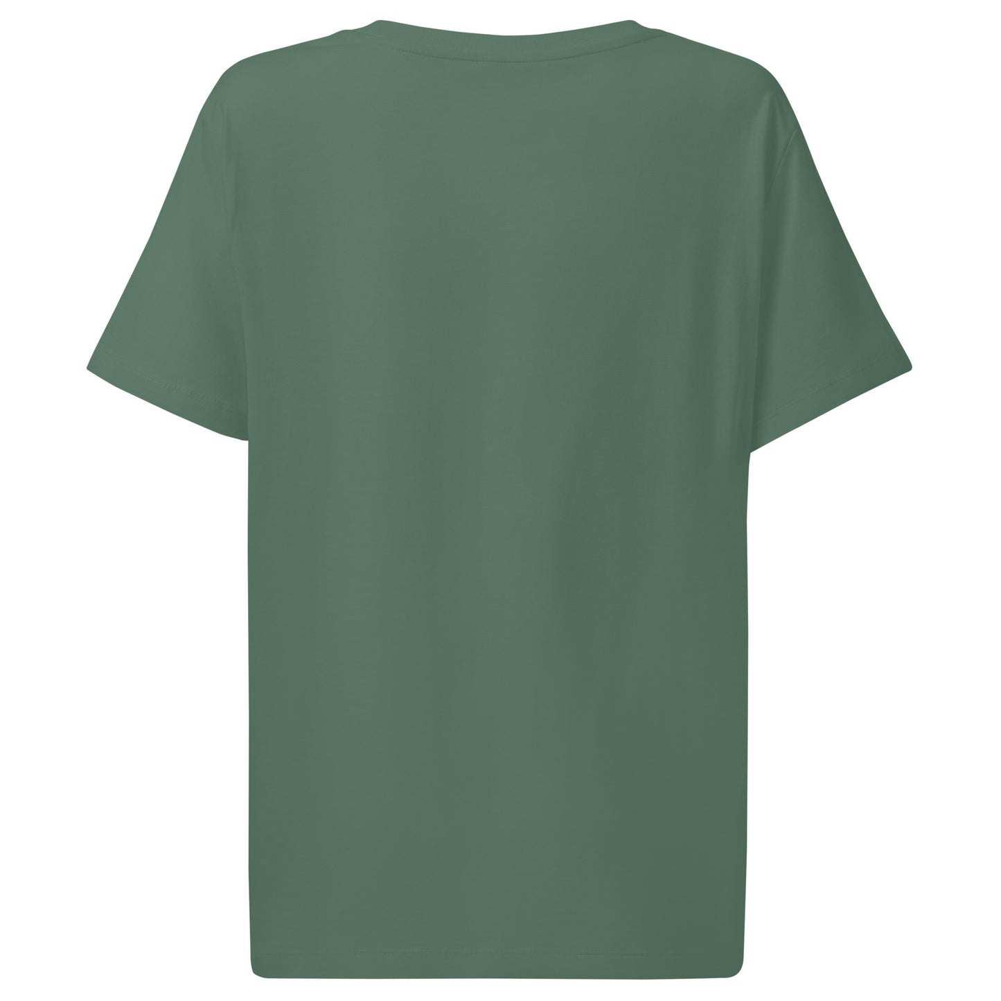 Back view of Organic green unisex T-shirt featuring an intricate white line art fern frond inspired by the woodlands of West Cork - color: green bay