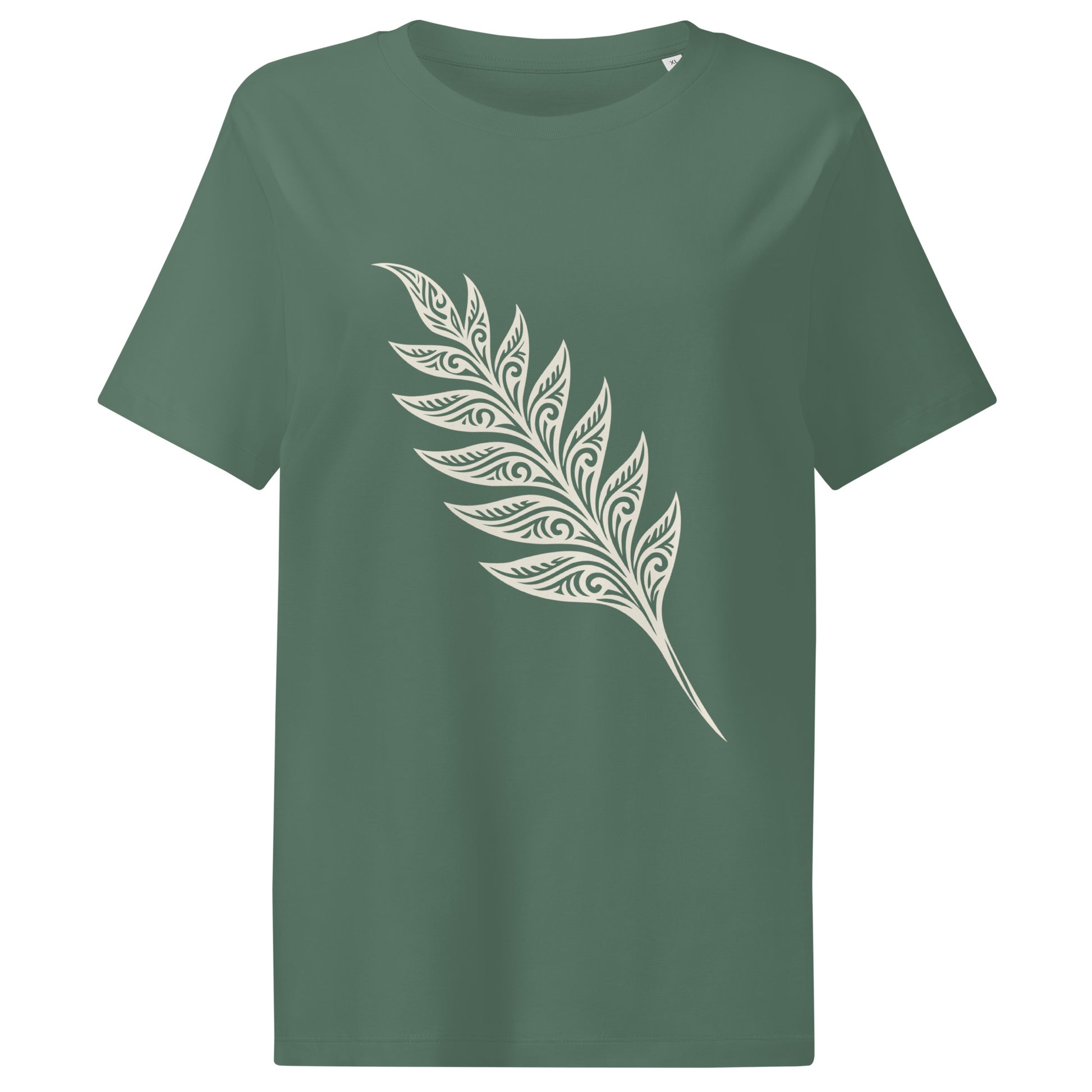 Front view of Organic green unisex T-shirt featuring an intricate white line art fern frond inspired by the woodlands of West Cork - color: green bay