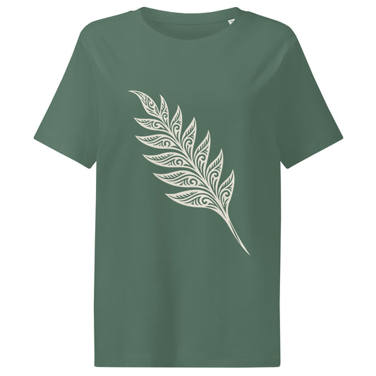 Front view of Organic green unisex T-shirt featuring an intricate white line art fern frond inspired by the woodlands of West Cork - color: green bay