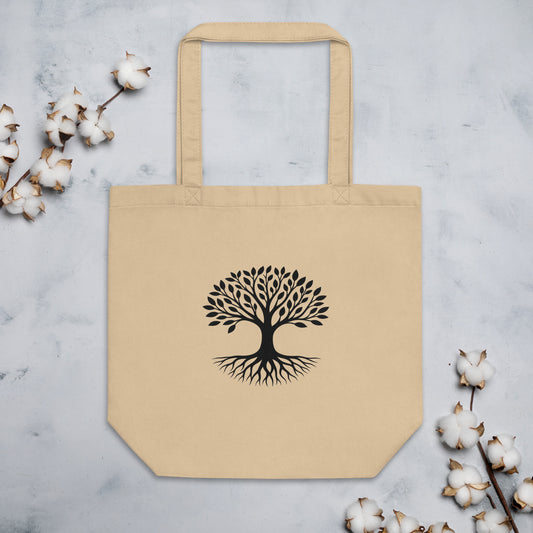 Front view of Tree of Life organic cotton tote bag in natural beige with black rooted tree graphic centered on front