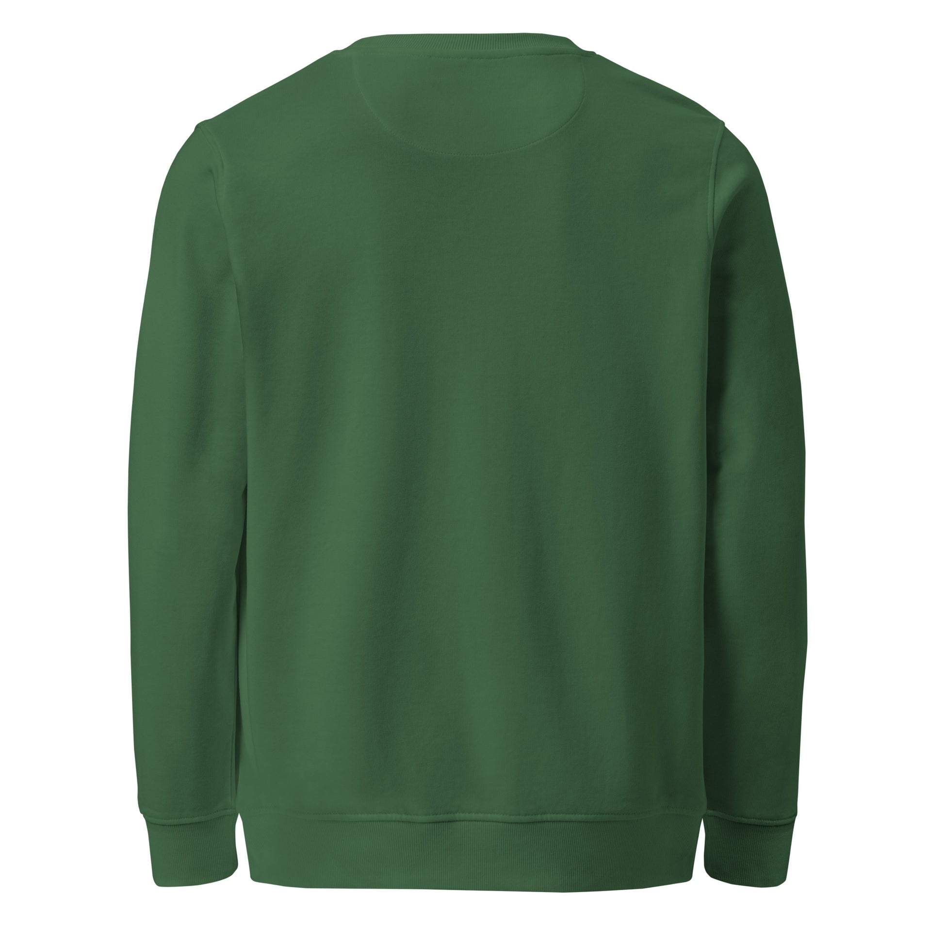 Back view of Tree of Life organic sweatshirt with minimalist tree graphic – unisex crewneck – color: bottle green