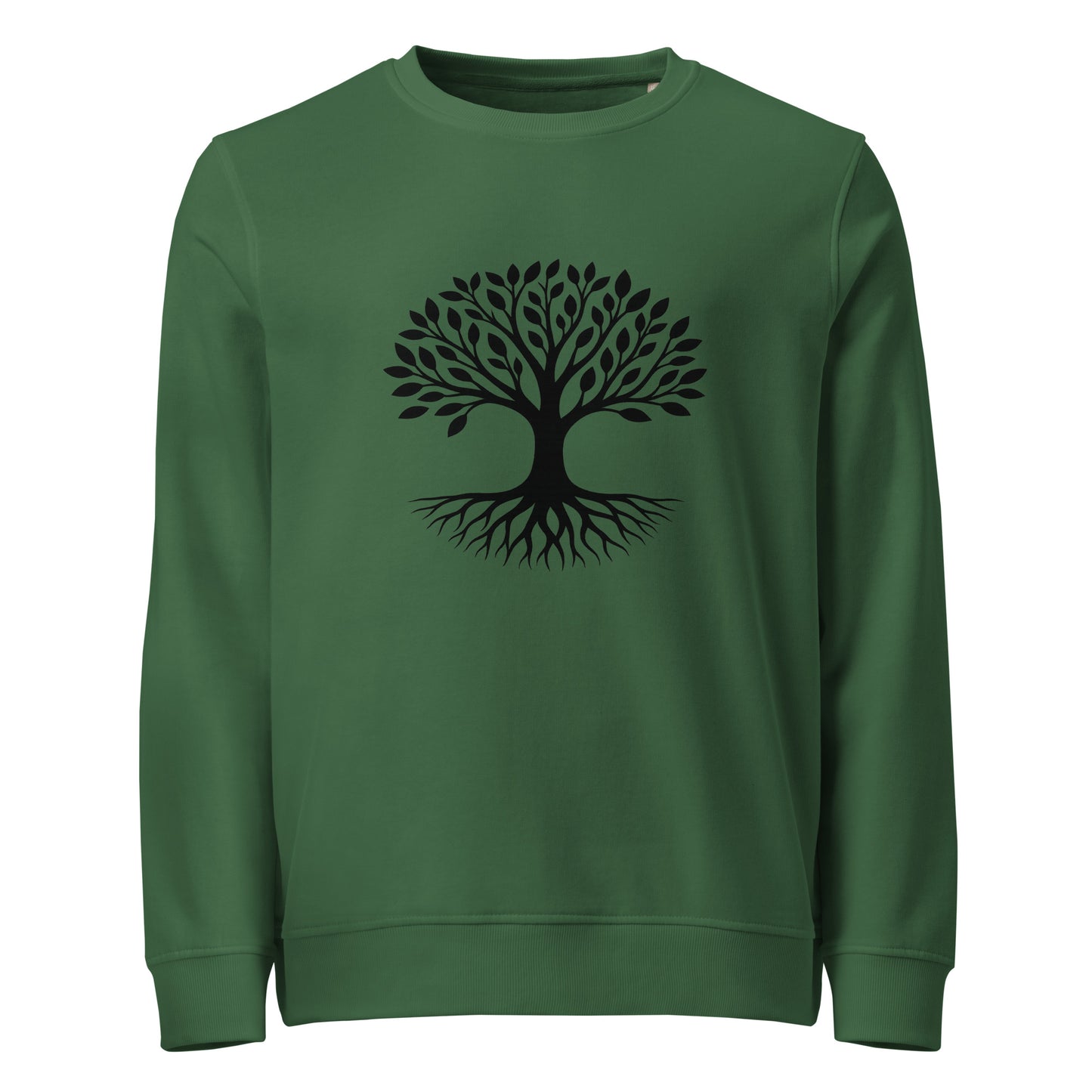 Front view of Tree of Life organic sweatshirt with minimalist tree graphic – unisex crewneck – color: bottle green