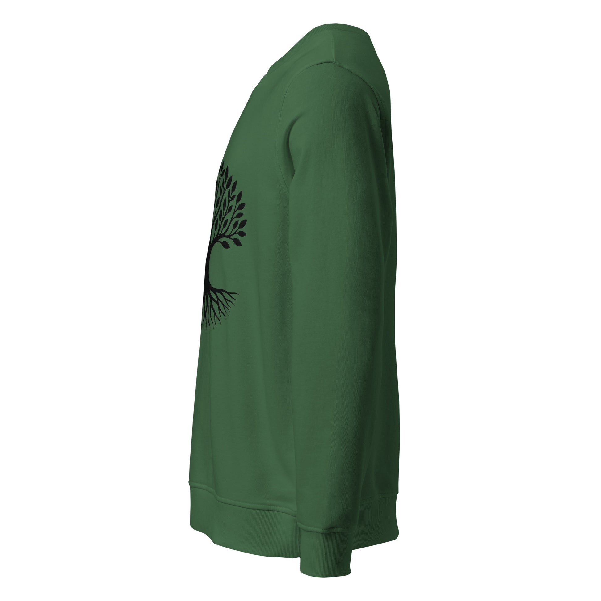 Side view of Tree of Life organic sweatshirt with minimalist tree graphic – unisex crewneck – color: bottle green