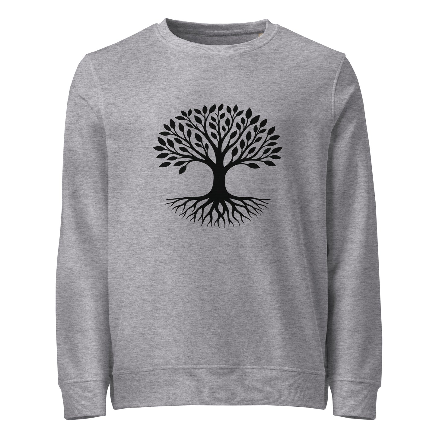 Front view of Tree of Life organic sweatshirt with minimalist tree graphic – unisex crewneck – color: grey melange