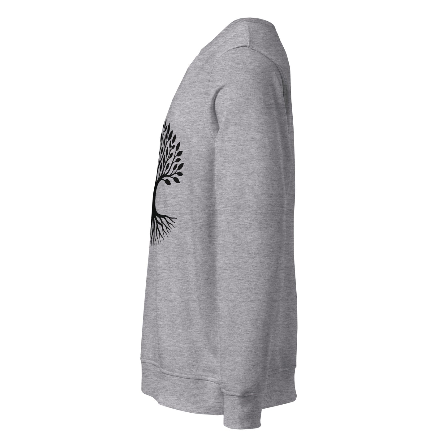 Side view of Tree of Life organic sweatshirt with minimalist tree graphic – unisex crewneck – color: grey melange