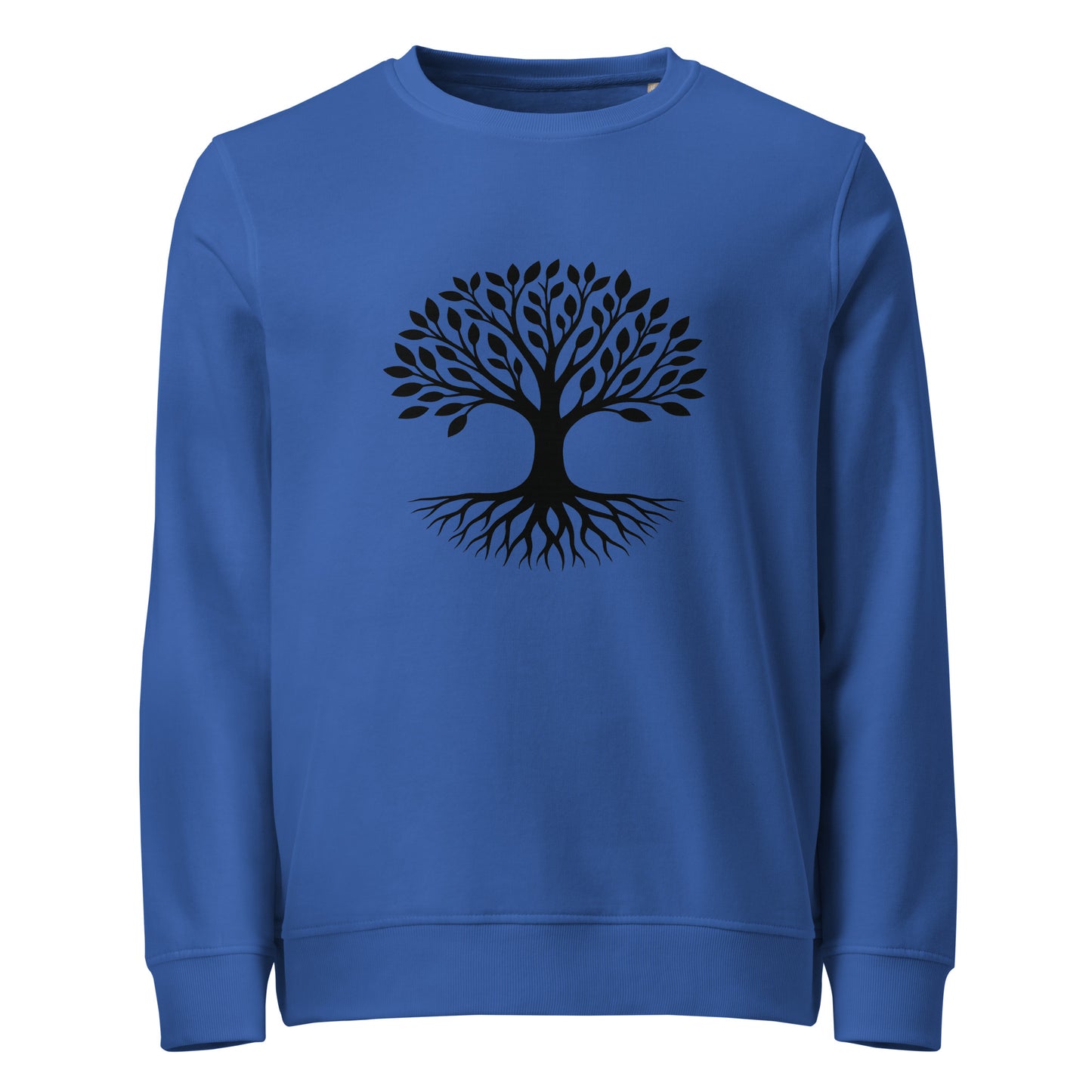 Front view of Tree of Life organic sweatshirt with minimalist tree graphic – unisex crewneck – color: royal blue