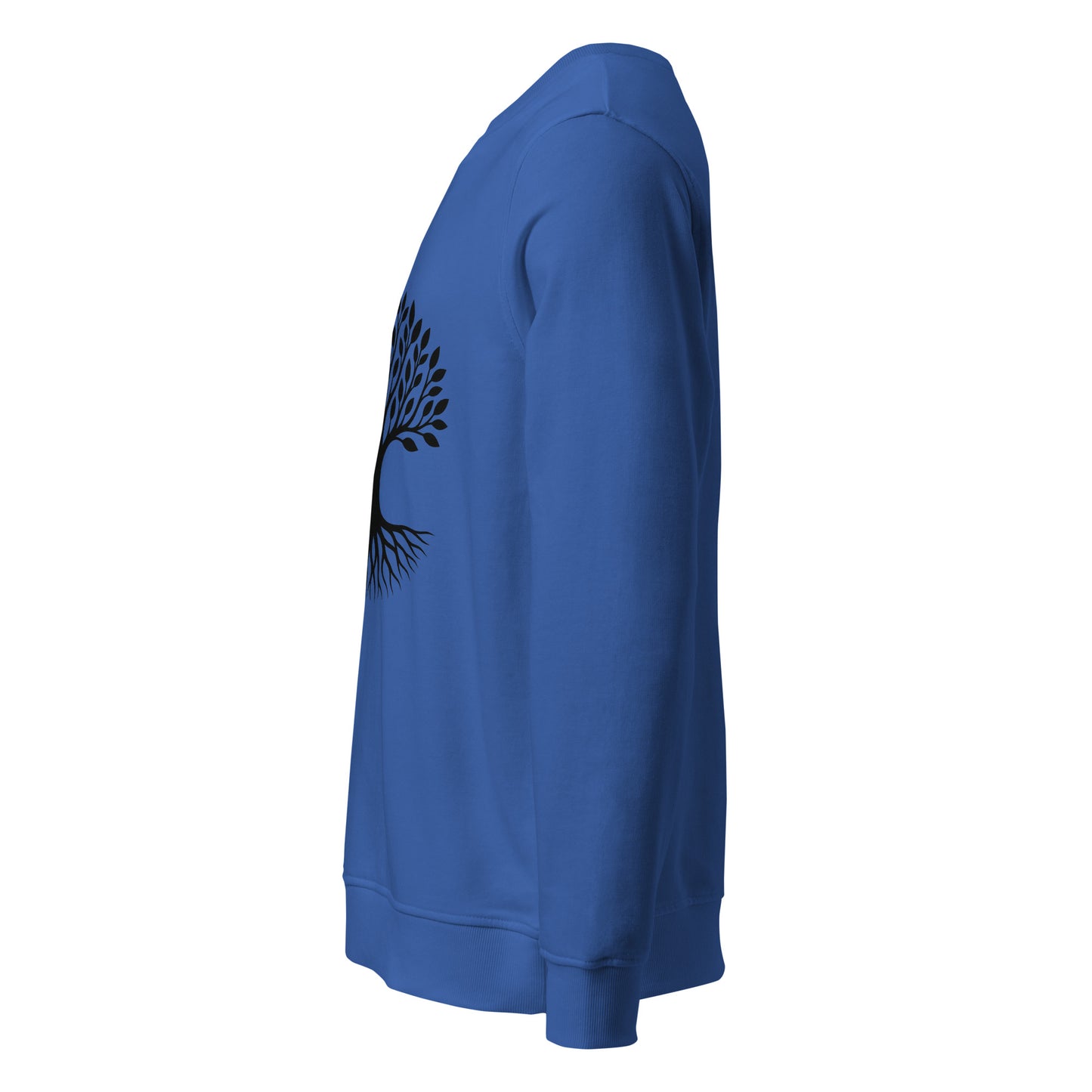 Side view of Tree of Life organic sweatshirt with minimalist tree graphic – unisex crewneck – color: royal blue