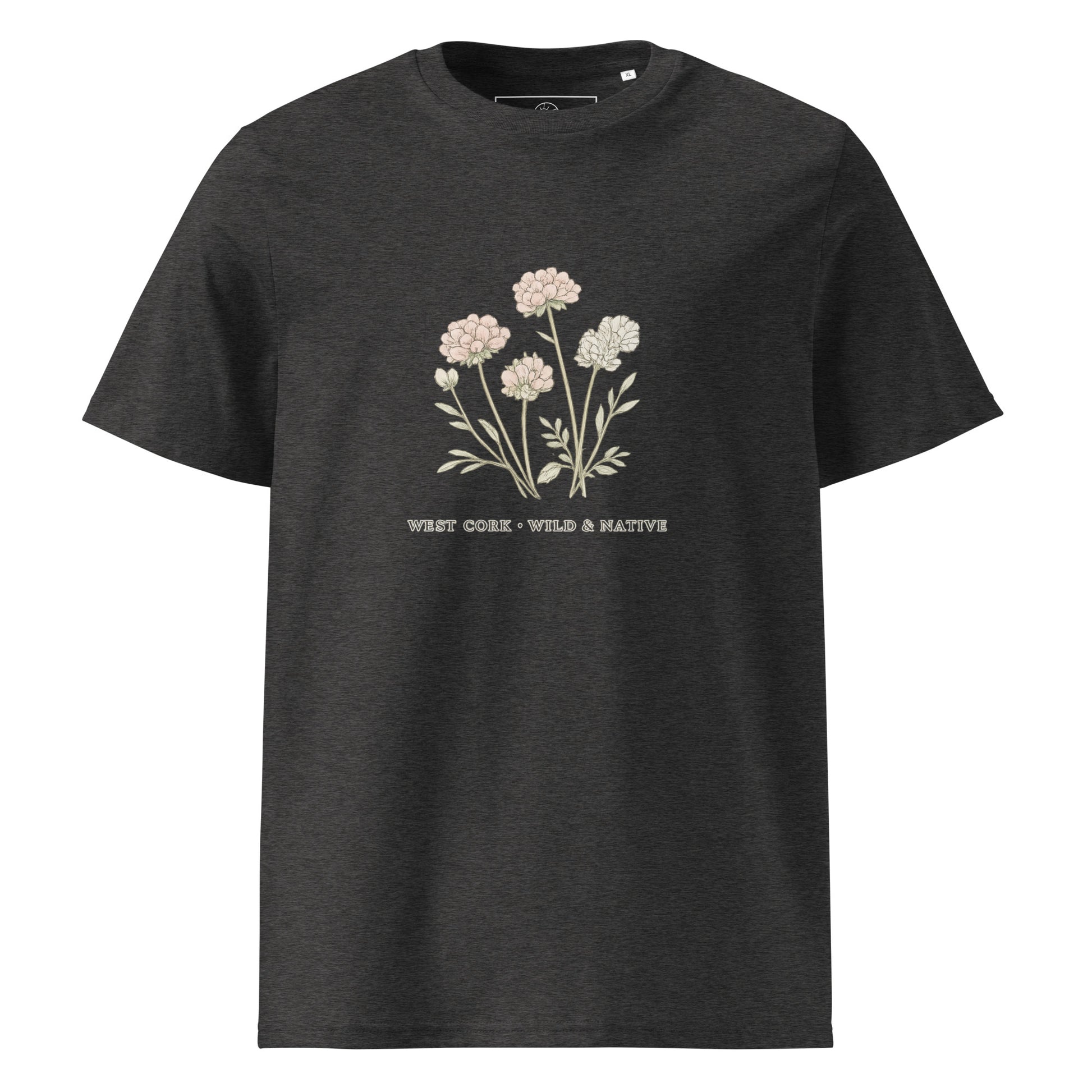 Front view of Wild & Native organic cotton T-shirt with wildflower illustration inspired by West Cork – unisex tee – color: dark heather grey