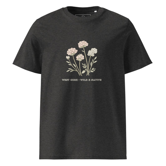 Front view of Wild & Native organic cotton T-shirt with wildflower illustration inspired by West Cork – unisex tee – color: dark heather grey