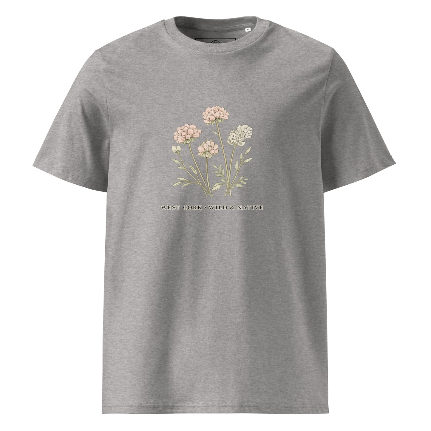 Front view of Wild & Native organic cotton T-shirt with wildflower illustration inspired by West Cork – unisex tee – color: heather grey