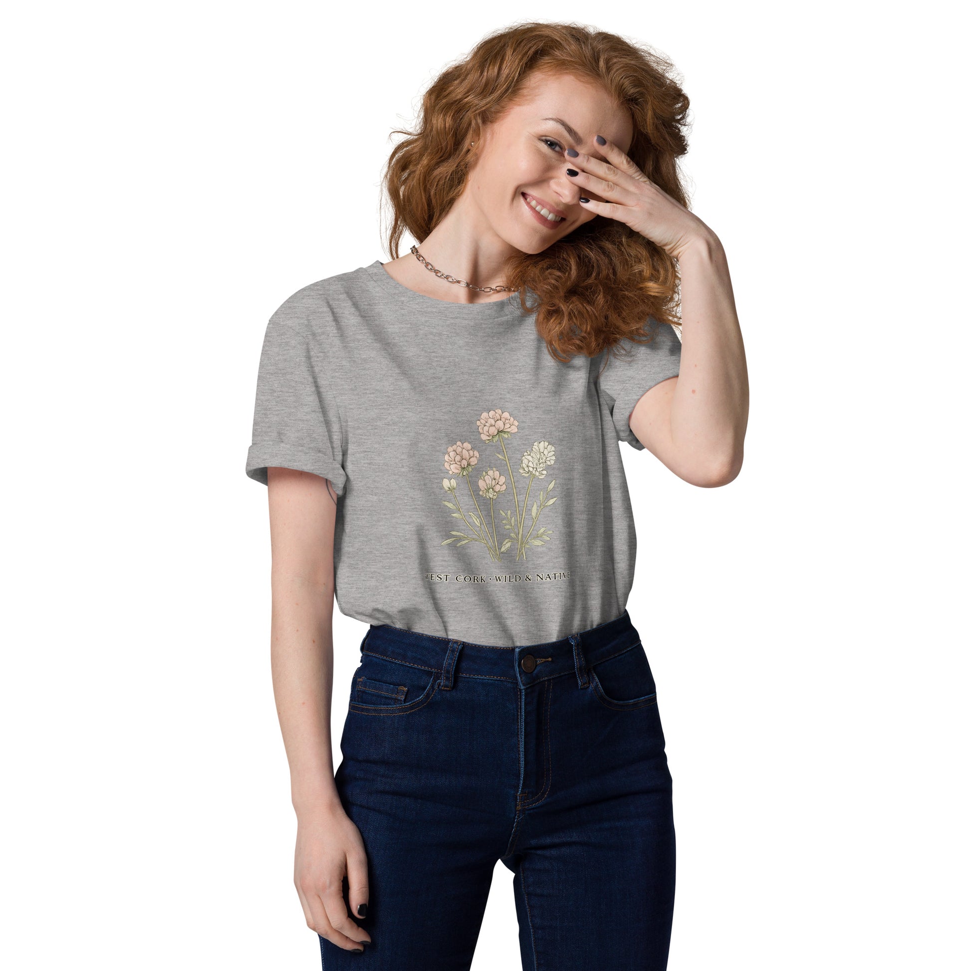 Lifestyle photo of Wild & Native organic cotton T-shirt with wildflower illustration inspired by West Cork – unisex tee – color: heather grey