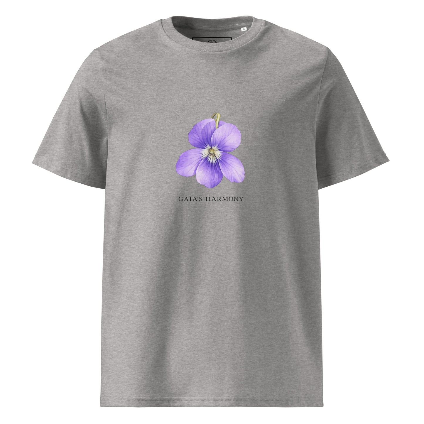 Front view of Wild Violet organic cotton T-shirt with purple flower illustration – unisex botanical tee – color: heather grey