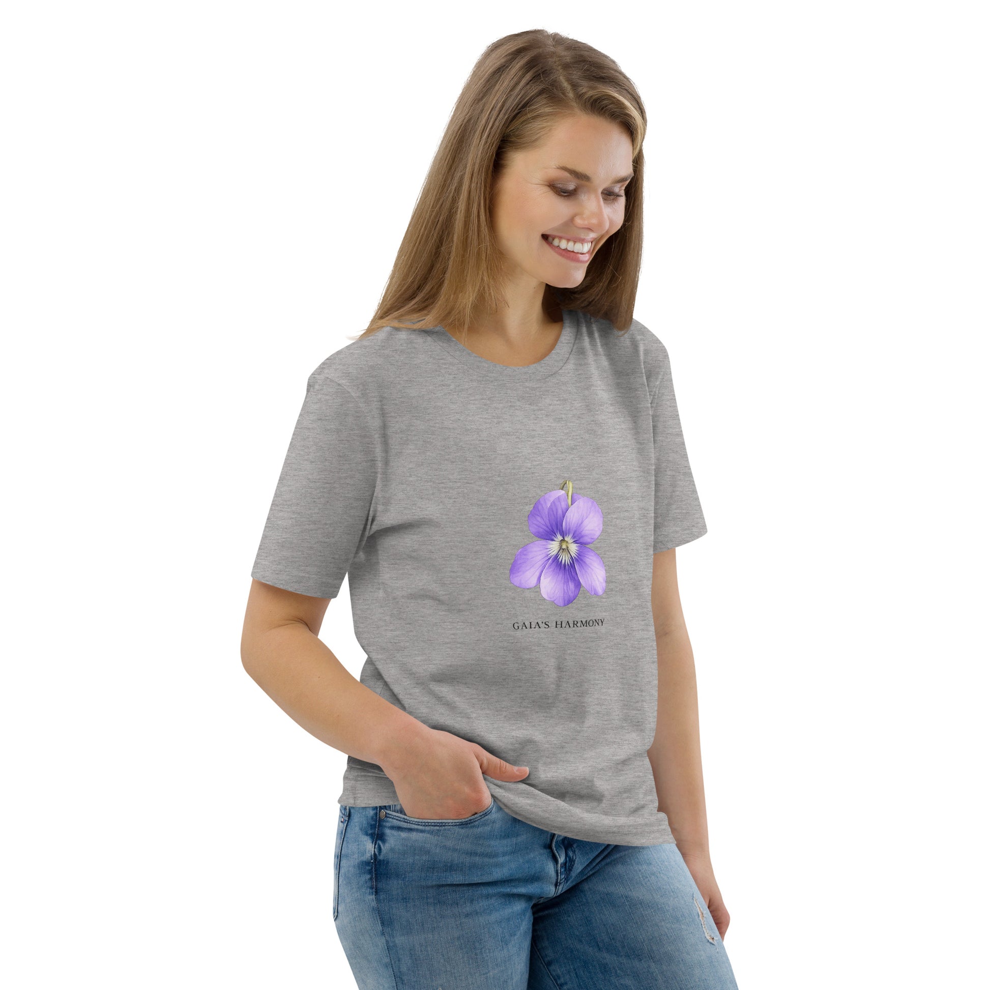 Lifestyle photo of Wild Violet organic cotton T-shirt with purple flower illustration – unisex botanical tee – color: heather grey
