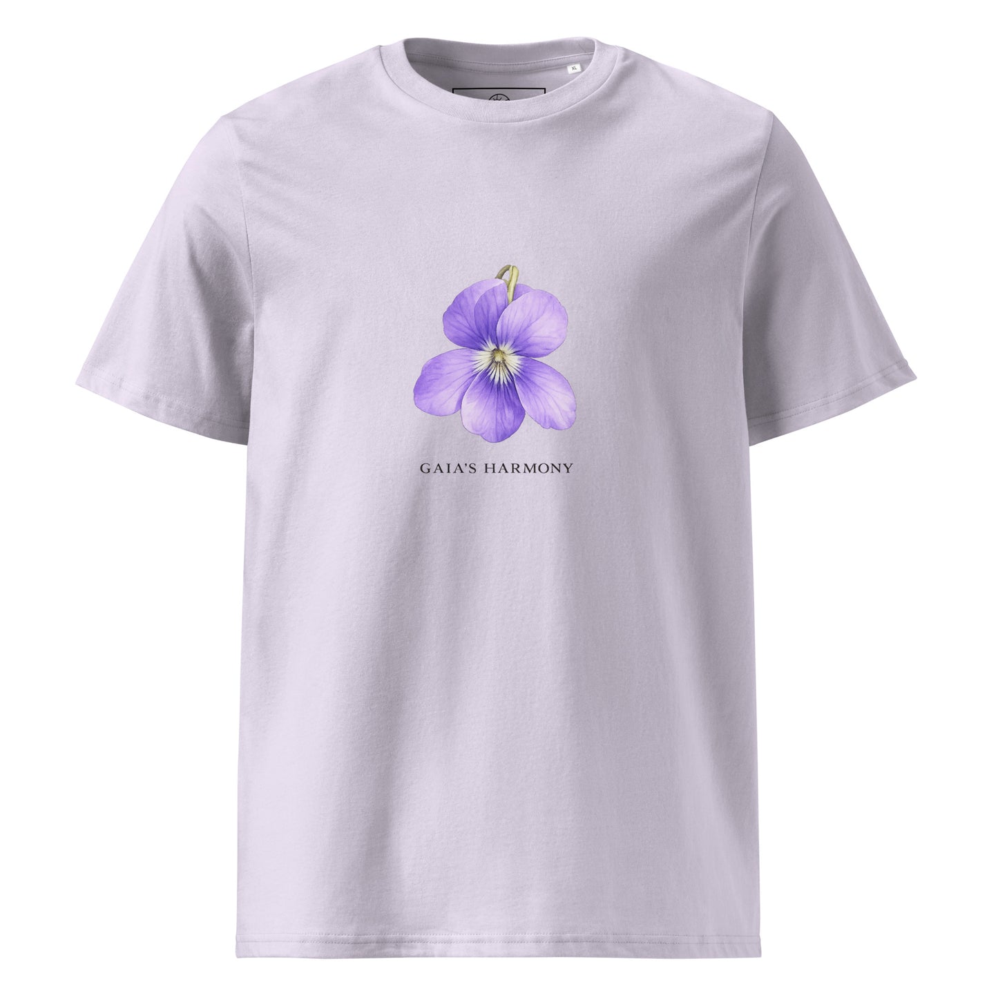 Front view of Wild Violet organic cotton T-shirt with purple flower illustration – unisex botanical tee – color: lavender
