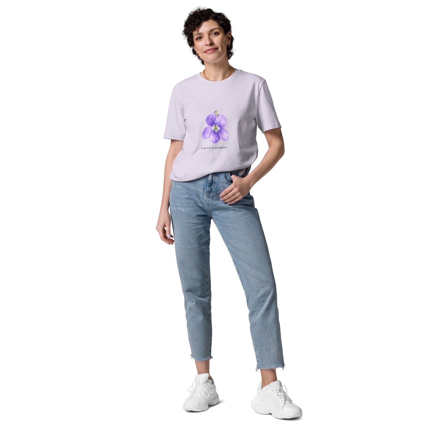 Lifestyle photo of Wild Violet organic cotton T-shirt with purple flower illustration – unisex botanical tee – color: lavender