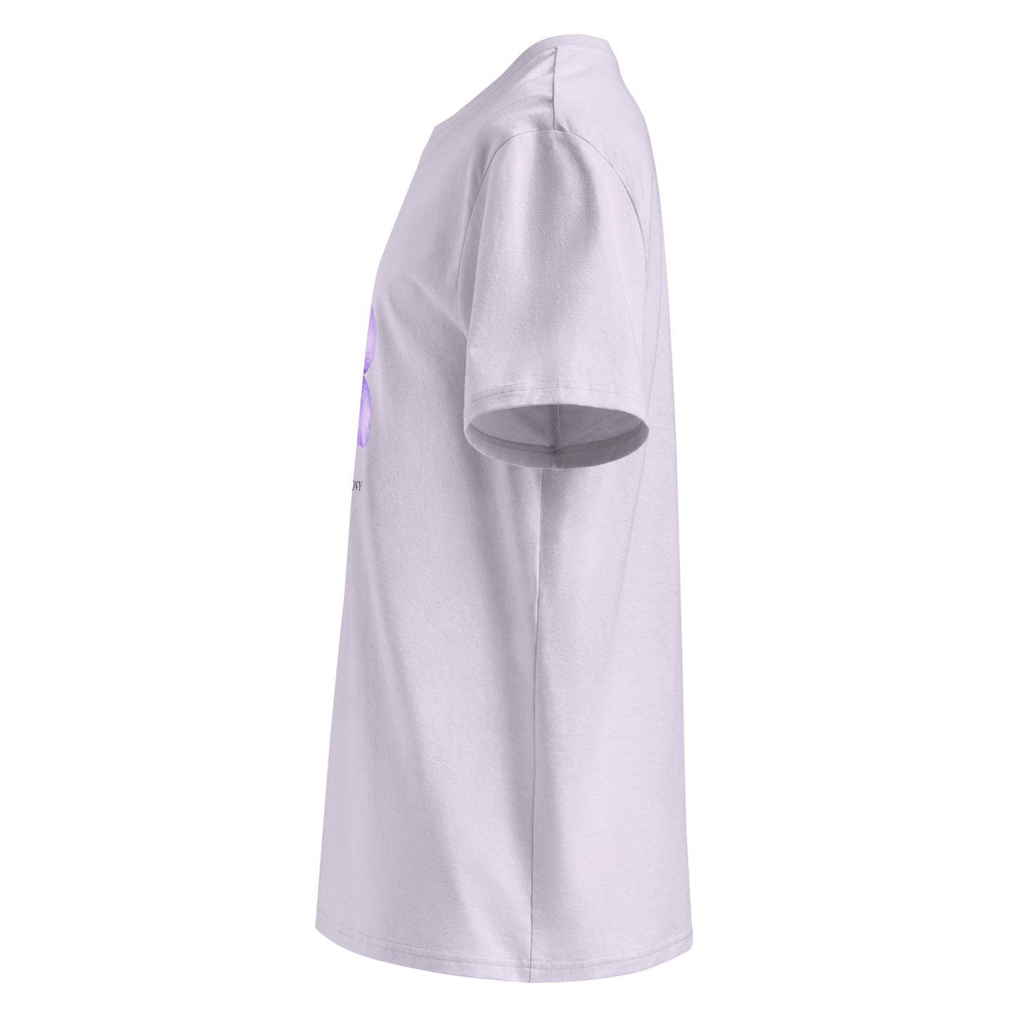 Side view of Wild Violet organic cotton T-shirt with purple flower illustration – unisex botanical tee – color: lavender