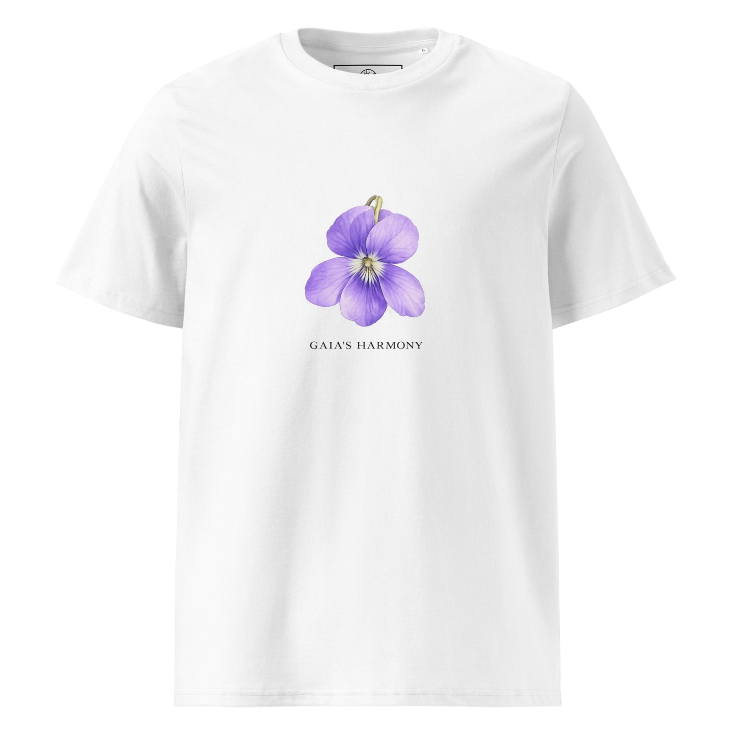 Front view of Wild Violet organic cotton T-shirt with purple flower illustration – unisex botanical tee – color: white
