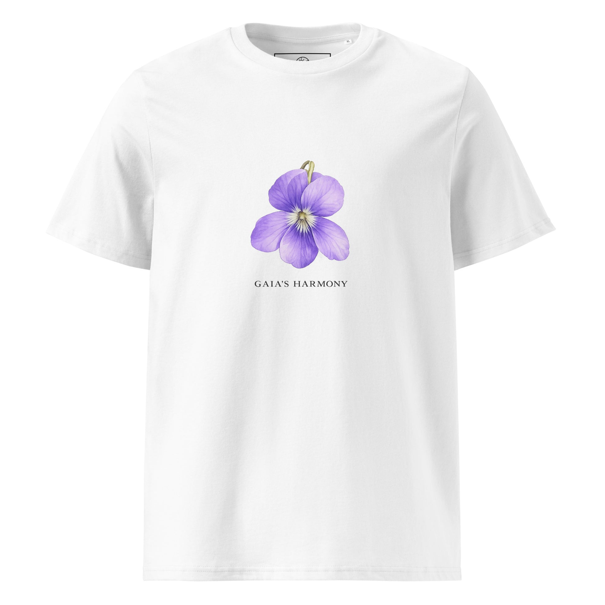 Front view of Wild Violet organic cotton T-shirt with purple flower illustration – unisex botanical tee – color: white