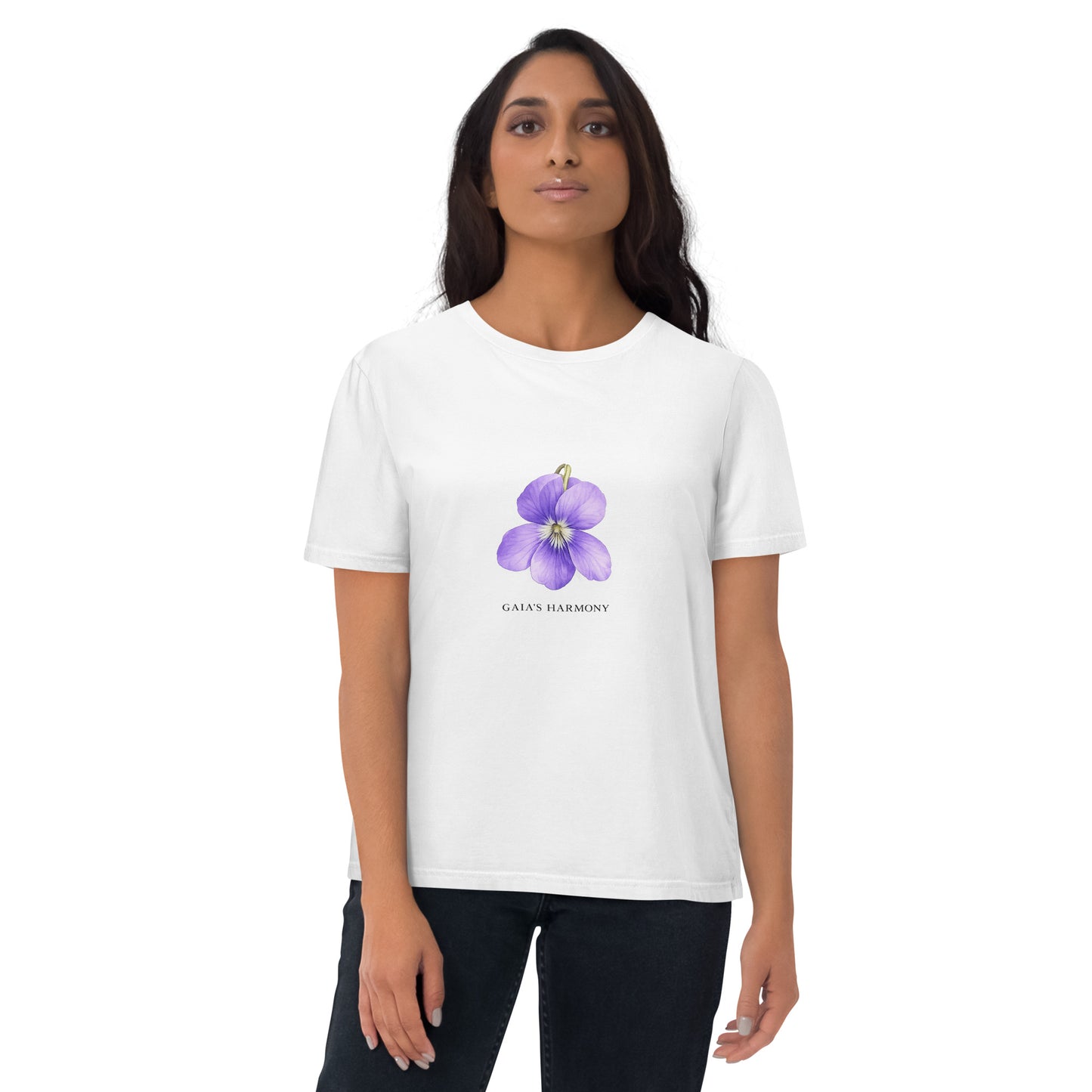 Lifestyle photo of Wild Violet organic cotton T-shirt with purple flower illustration – unisex botanical tee – color: white