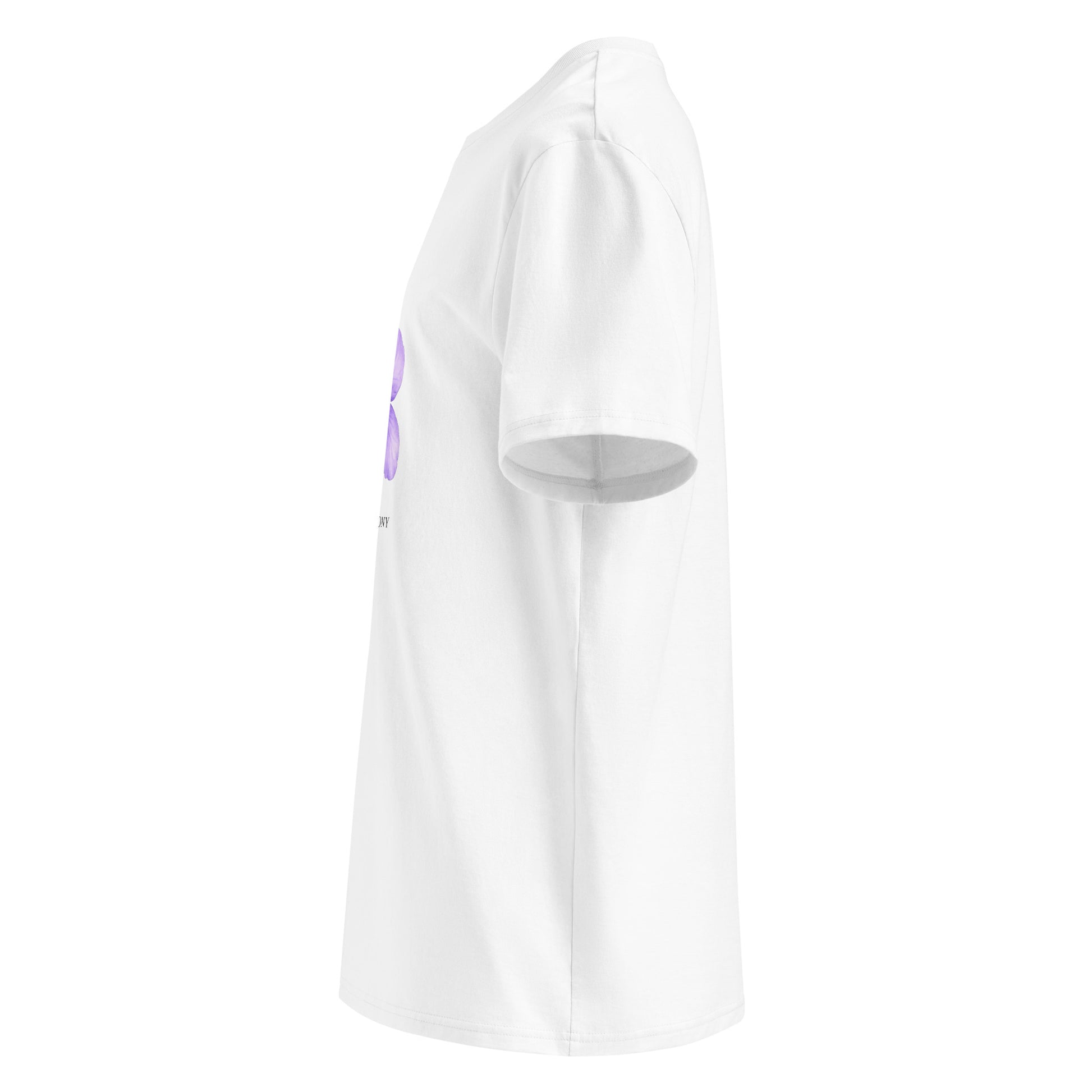 Side view of Wild Violet organic cotton T-shirt with purple flower illustration – unisex botanical tee – color: white