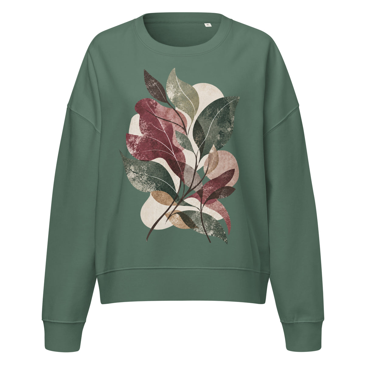 Front view of relaxed green sweatshirt featuring an abstract botanical leaf design by Gaia's Harmony in burgundy, sage, pine and neutral tones