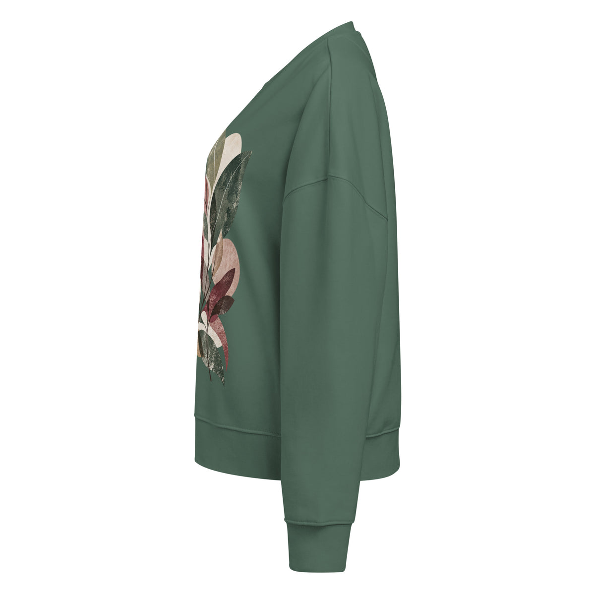 Side view of relaxed green sweatshirt featuring an abstract botanical leaf design by Gaia's Harmony in burgundy, sage, pine and neutral tones
